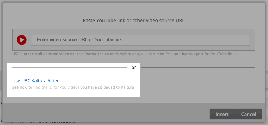 Screenshot showing the Use UBC Kaltura Video link