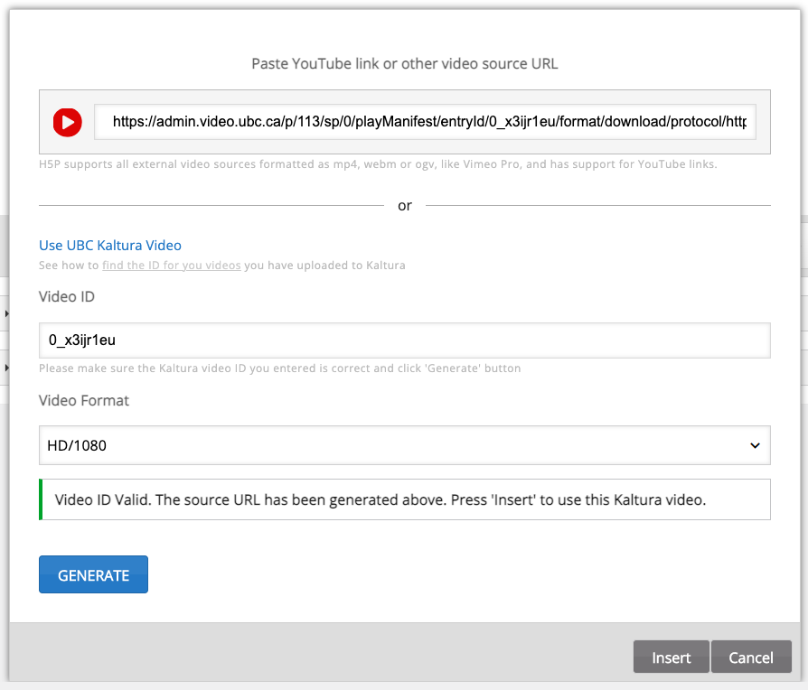 Screenshot to show the success message being displayed when a valid video ID is pasted and the video URL has been generated.